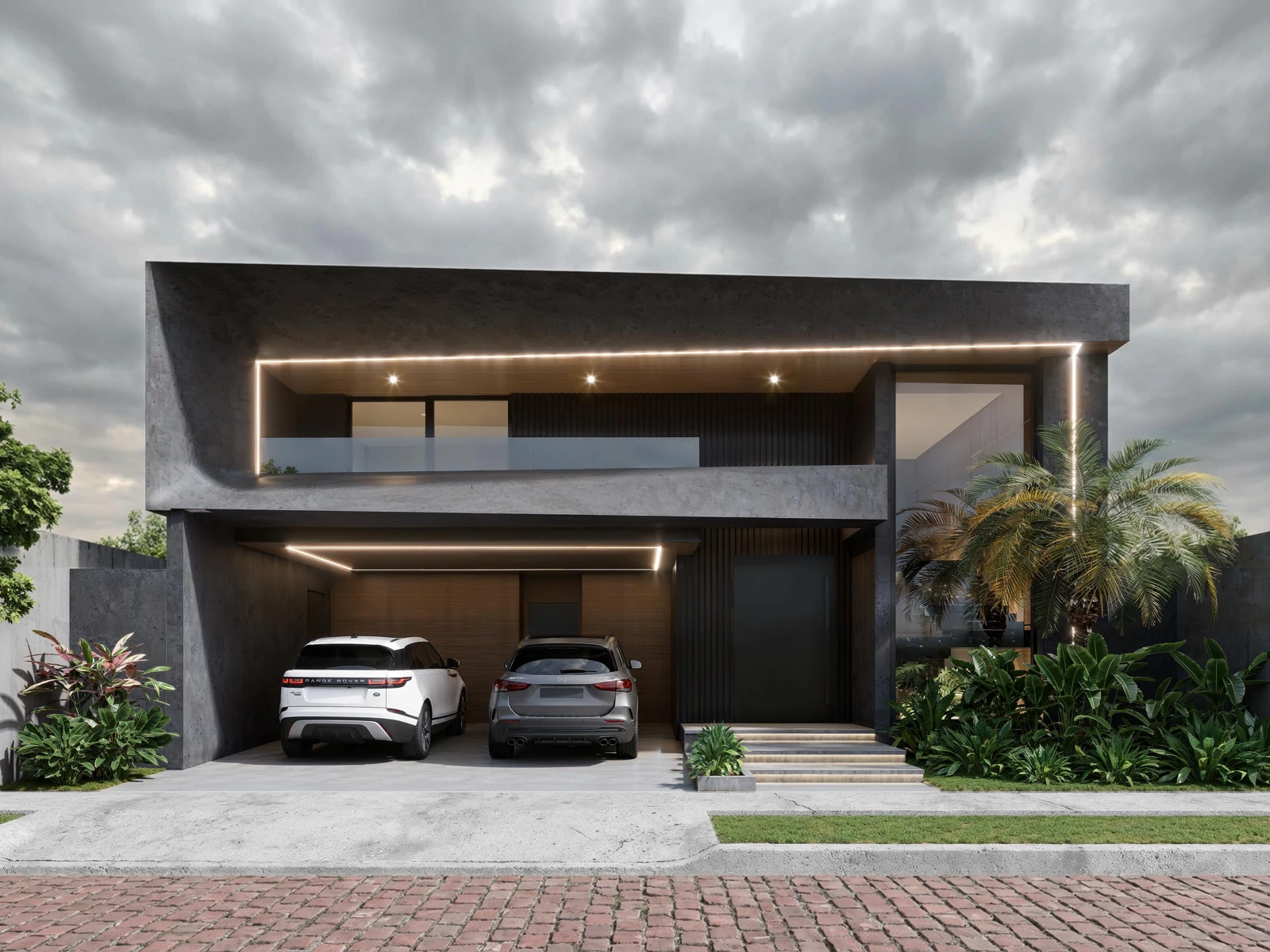 Casa Blue Bay: fachada frontal de vivienda contemporánea junto a espejo de agua